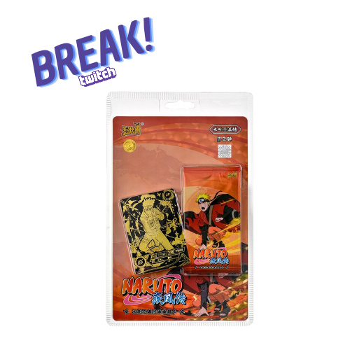 Conjunto de carta e caixa metálica do anime Naruto em embalagem plástica alaranjada.