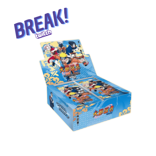 Expositor azul de cartas Naruto com personagens ilustrados e texto em japonês e inglês