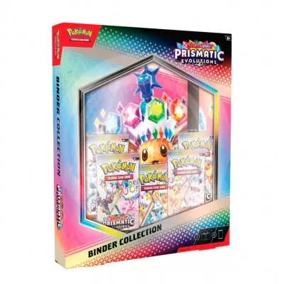 Caixa do Pokémon TCG Prismatic Evolutions com coleção de fichário e pacotes de cartas