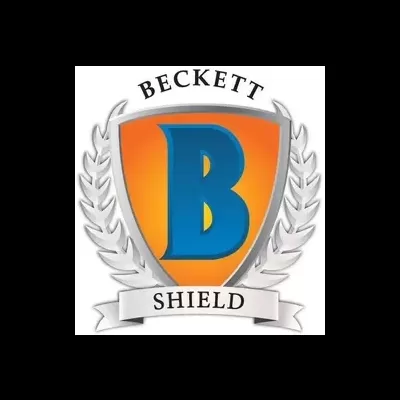 Logotipo de escudo alaranjado com letra B azul e coroas de louros cinza