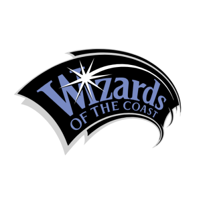Logótipo Wizards of the Coast com texto azul e branco e estrela branca