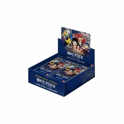 Caixa azul escura com packs de cartas colecionáveis do jogo One Piece Romance Dawn com personagens de anime