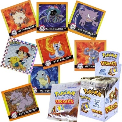 Autocolantes Pokémon com várias personagens coloridas e números em moldura laranja