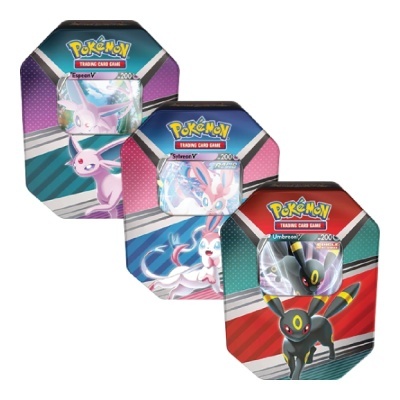 Três latas hexagonais de cartas Pokémon com personagens Espeon, Sylveon e Umbreon