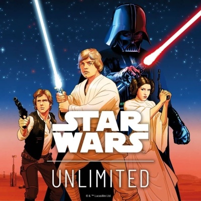 Imagem promocional Star Wars Unlimited com personagens e paisagem desértica