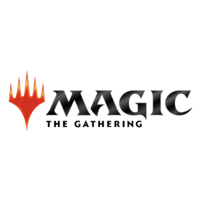 Logotipo Magic: The Gathering com texto preto e símbolo flamejante vermelho e laranja