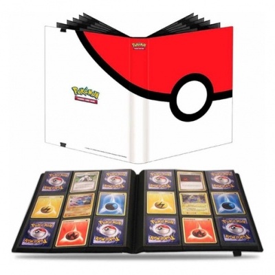 Álbum de cartas Pokémon com capa com símbolo Poké Ball e páginas com cartas visíveis