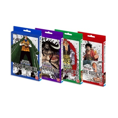 Quatro baralhos de cartas One Piece Card Game com cores azul, roxo, verde e vermelho.