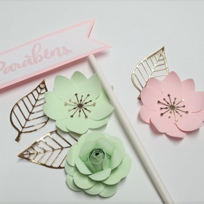 Conjunto topo de bolo flores 3d