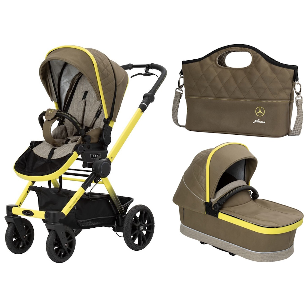 Conjunto passeio Mercedes-Benz Performance GTR Travel System Carrinho de bebé amarelo e castanho com alcofa e bolsa S-Class