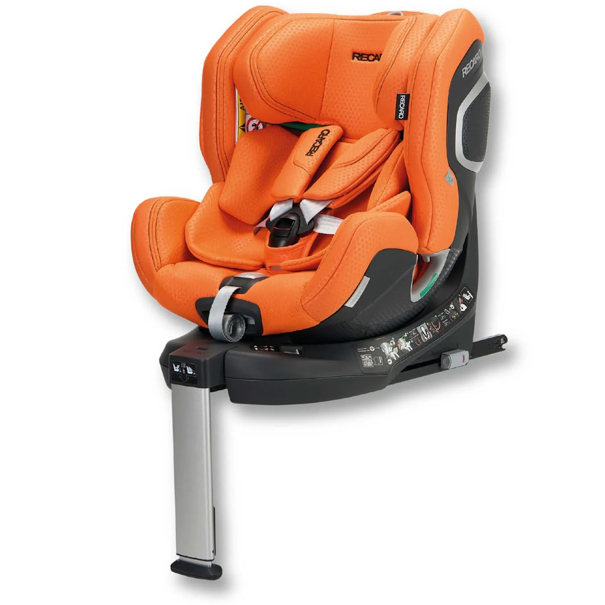 Cadeira auto Recaro Xenon 1 Kid Car Seat (RF:61/105 cm-FF:76/125 cm) Cadeira auto infantil laranja com base preta e suporte metálico