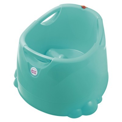 Assento de bebé verde água em plástico com alça e etiqueta