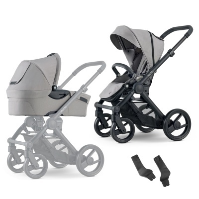 Carrinho de bebé cinza com estrutura preta e acessórios pretos