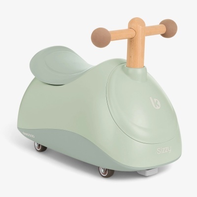 Veículo infantil tipo cavalo de balanço verde claro com guiador de madeira