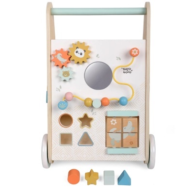 Carrinho de brinquedo de madeira colorido para crianças com formas para encaixar.