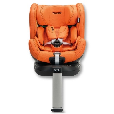 Cadeira automóvel infantil laranja com suporte metálico e logo RECARO