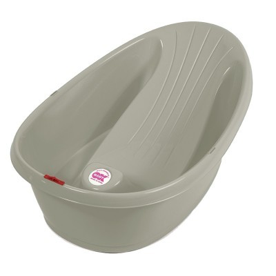 Banheira de bebé cinzenta clara oval com suporte para costas e botão 'baby bath'