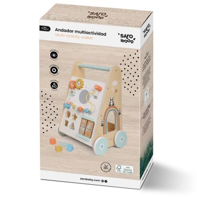 Embalagem de andador de madeira para várias atividades com blocos de formas coloridas e pandas desenhados