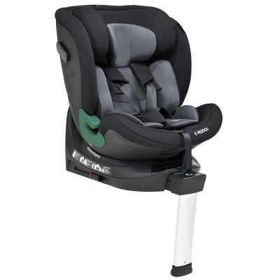 Cadeira auto infantil preta e cinza com base giratória e suporte branco