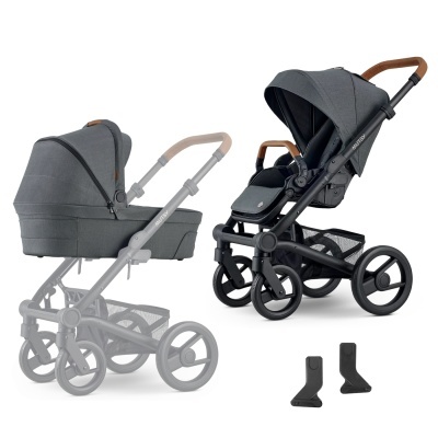 Carrinho de bebé cinzento com estrutura preta e punho castanho claro