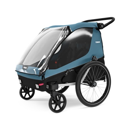 Carrinho de criança azul e preto com cobertura transparente e rodas, marca THULE