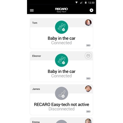 Interface de app RECARO Easy-Tech com status de conexão para bebés no carro