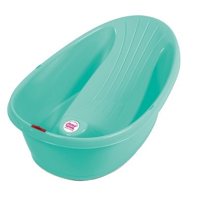 Banheira para bebé azul claro de plástico com design anatómico e etiqueta 