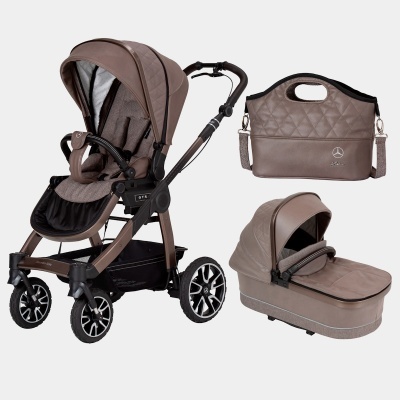 Carrinho de bebé castanho com bolsa e moisés em tecido castanho acolchoado