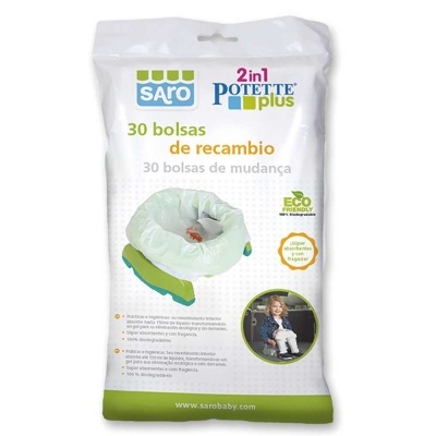 Embalagem de plástico branca com 30 bolsas de recambio para 2in1 Potette Plus da marca Saro.
