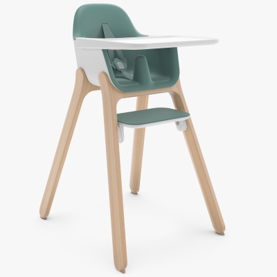Cadeira alta para bebé verde com estrutura em madeira clara e bandeja branca