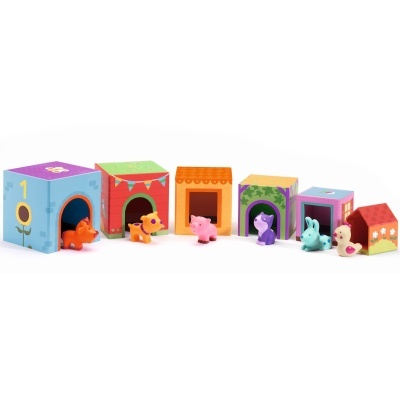 Blocos de empilhar e encaixar com animais da quinta Djeco Topinifarm stacking game