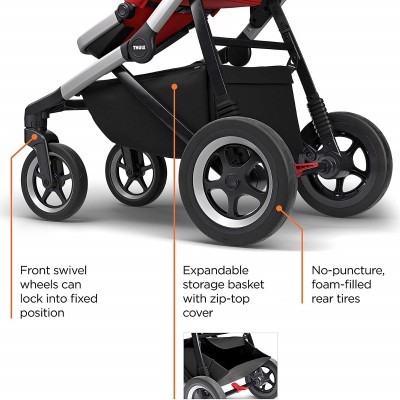 Carrinho de bebé preto com rodas e cesto expansível com tampa de fecho zip