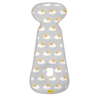 Acolchoado cinzento com padrão de nuvens brancas e amarelas com orifício central