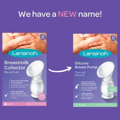 Caixas de coletor de leite e bomba de silicone da Lansinoh com texto de mudança de nome