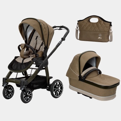 Trio para bebé com carrinho de passeio castanho e preto, carrinho com capota fechada castanha e saco castanho com bordado Mercedes Elegance