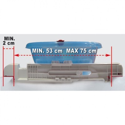 Suporte extensível cinza com tigela azul em cima e marcação de medidas.