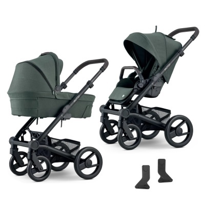 Carrinho de bebé verde escuro com estrutura preta e acessórios