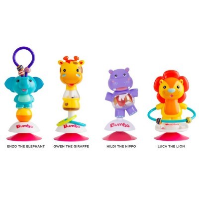 Quatro brinquedos para bebés Bumba com animais coloridos: elefante, girafa, hipopótamo e leão.