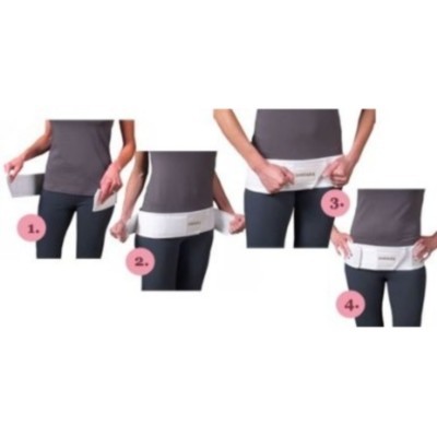 Passos para colocar faixa branca abdominal ortopédica em pessoa com roupa cinza e preta