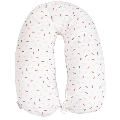 Almofada de amamentação em U branca com padrão de traços coloridos e laço de ajuste