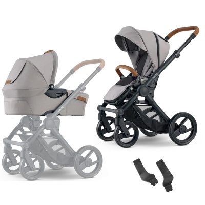 Carrinho de bebé cinzento com estrutura preta e acessórios