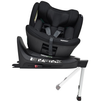 Cadeira auto preta com arnés de cinco pontos e base com suporte metálico ajustável