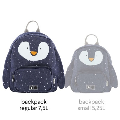 Duas mochilas com design de pinguim, azul escura e cinza clara, com bolsos frontais e zíperes.