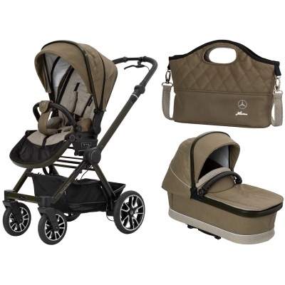 Carrinho de bebé bege com estrutura preta, bolsa matelassê e moisés à parte