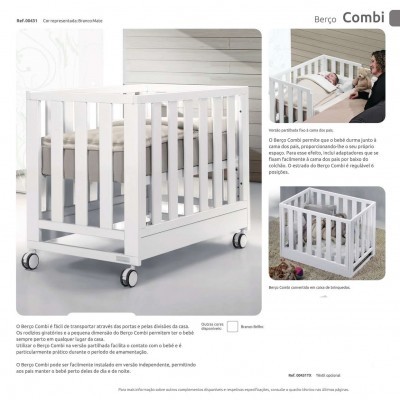 Berço Combi branco com grades verticais e rodízios