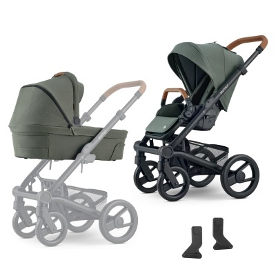 Carrinho de bebé verde com estrutura preta e detalhes em pele castanha, com capota e assento