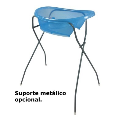 Banheira azul com suporte metálico preto e texto Suporte metálico opcional.