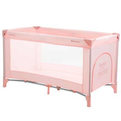 Berço portátil cor de rosa com laterais em rede e texto Sweet like a UNICORN