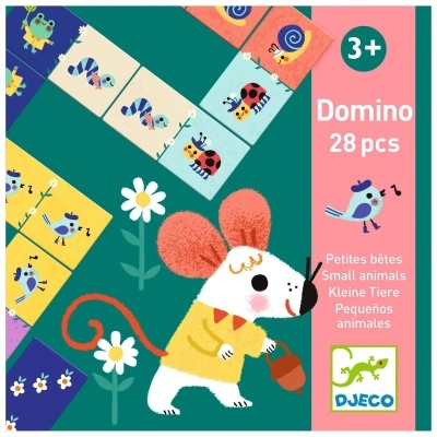 Jogo de dominó infantil colorido com peças ilustradas de pequenos animais e flores, embalagem com texto em várias línguas e logo DJECO