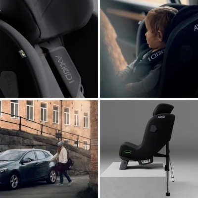 Diferentes imagens mostrando cadeiras auto Axkid em preto e cenas relacionadas